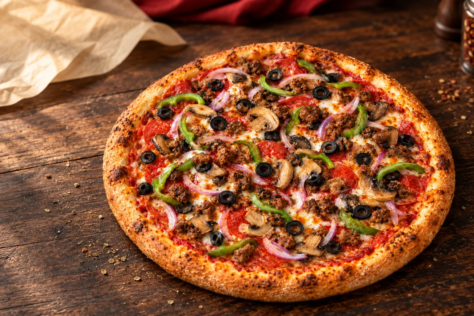 Pizza Suprema recién horneada de La Artesana
